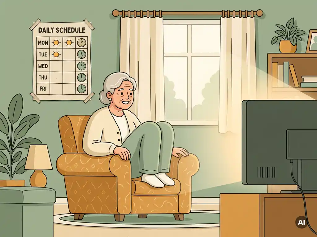 Vrolijke oudere vrouw in fauteuil voor tv, met handgemaakt dagschema met klokken en zonssymbolen in warmverlichte woonkamer.