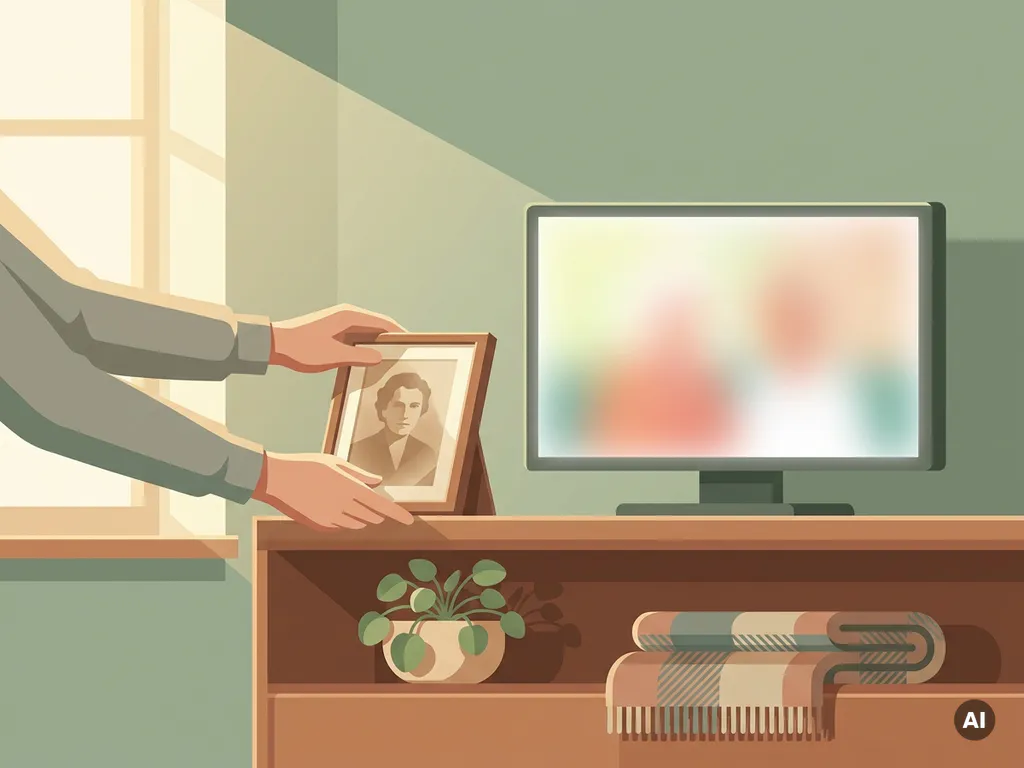 Verzorger plaatst vintage foto naast een zachtgloeiend tv-scherm in een warme kamer met potplant en wollen deken.
