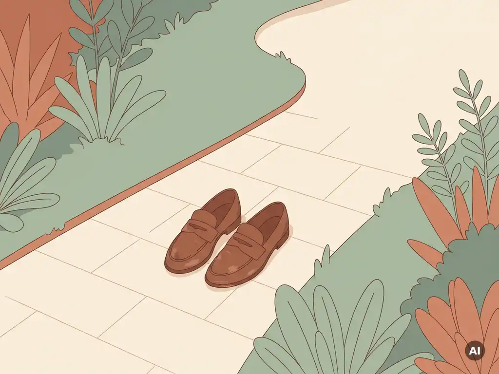 Versleten leren schoenen op een kronkelend tuinpad, omringd door zacht groen gebladerte, in een minimalistische bovenaanzicht illustratie.