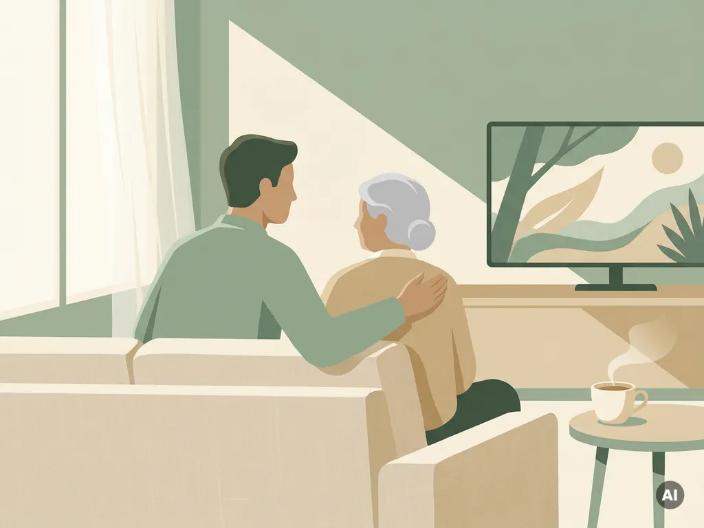 Mantelzorger en oudere naast elkaar op linnen bank, samen televisie kijkend in warm verlicht woonkamer met kopje thee.