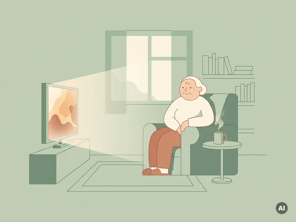 Oudere persoon ontspannen in fauteuil thuis, met dampende mok en zachte televisie in gezellige woonkamer.