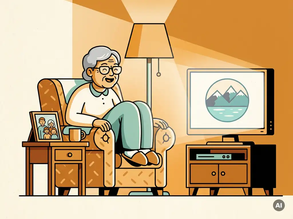 Oudere persoon in fauteuil die glimlachend naar natuurbeelden op tv kijkt, met familiefoto op bijzettafel, vlakke vectorillustratie.
