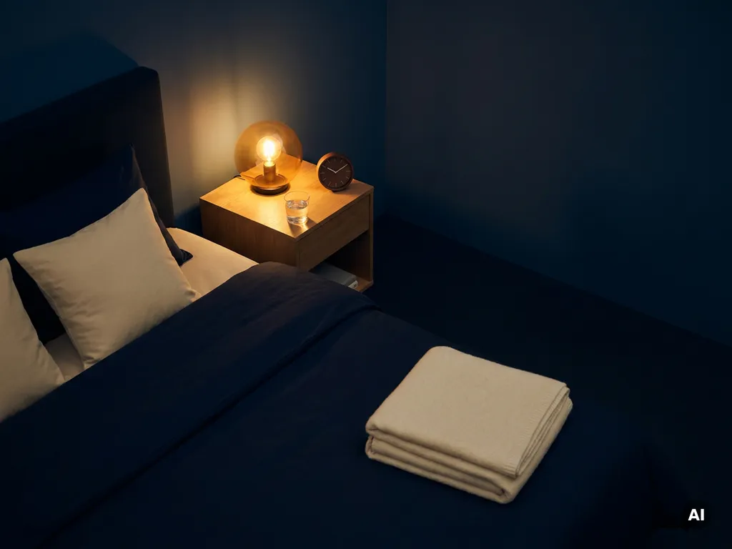 Minimalistische slaapkamer 's nachts met warm amberkleurig bedlampje, netjes gevouwen deken en klok op het nachtkastje.