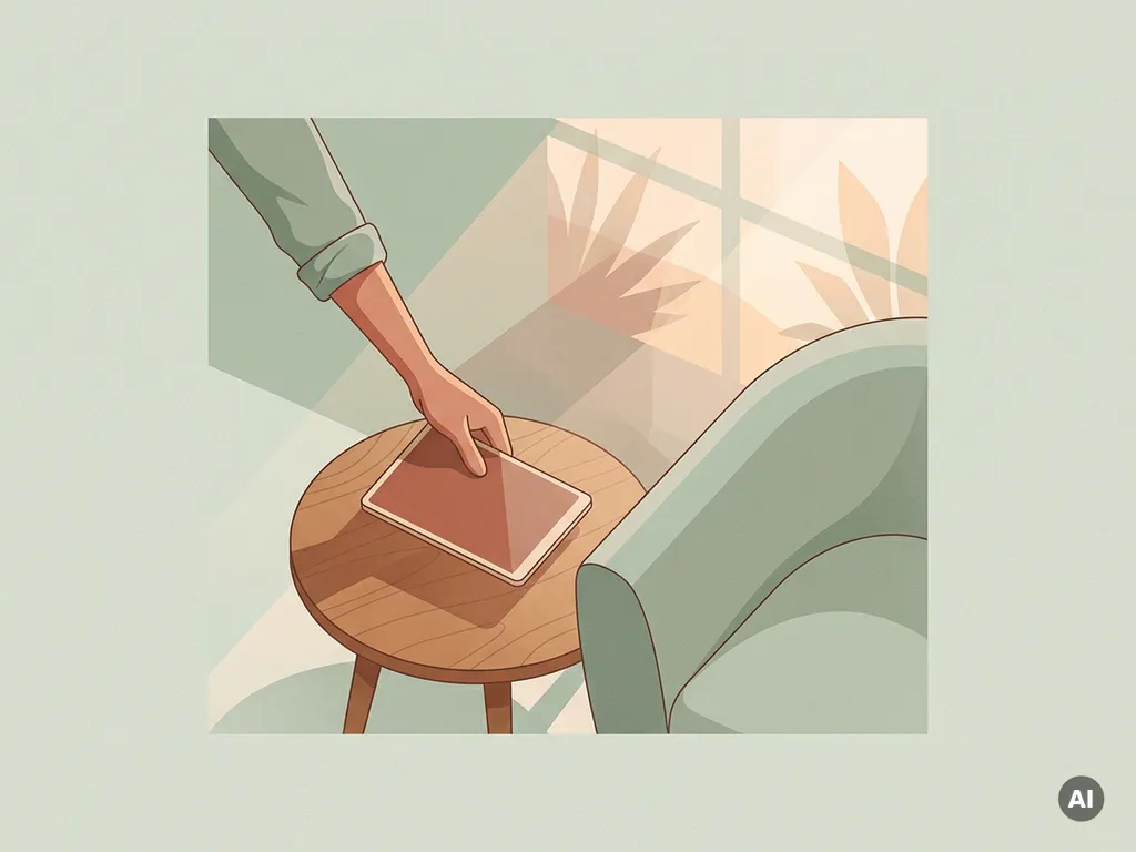 Hand die een tablet op een houten bijzettafel plaatst naast een fauteuil, warme sfeer met saliegroen en terracotta tinten.