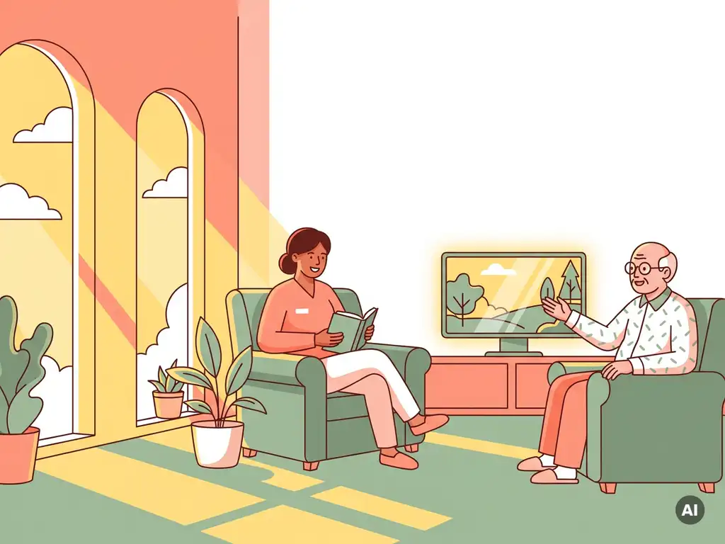 Verzorger ontspant in lichte woonkamer van verzorgingstehuis terwijl oudere bewoner geniet van televisie, zonlicht en kamerplanten.
