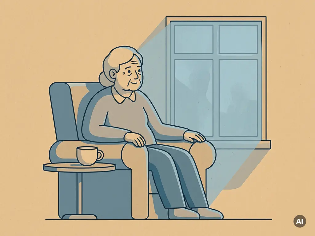 Oudere persoon staart in een schemerige fauteuil bij het raam, onaangeroerd kopje thee op de bijzettafel, vectorillustratie.