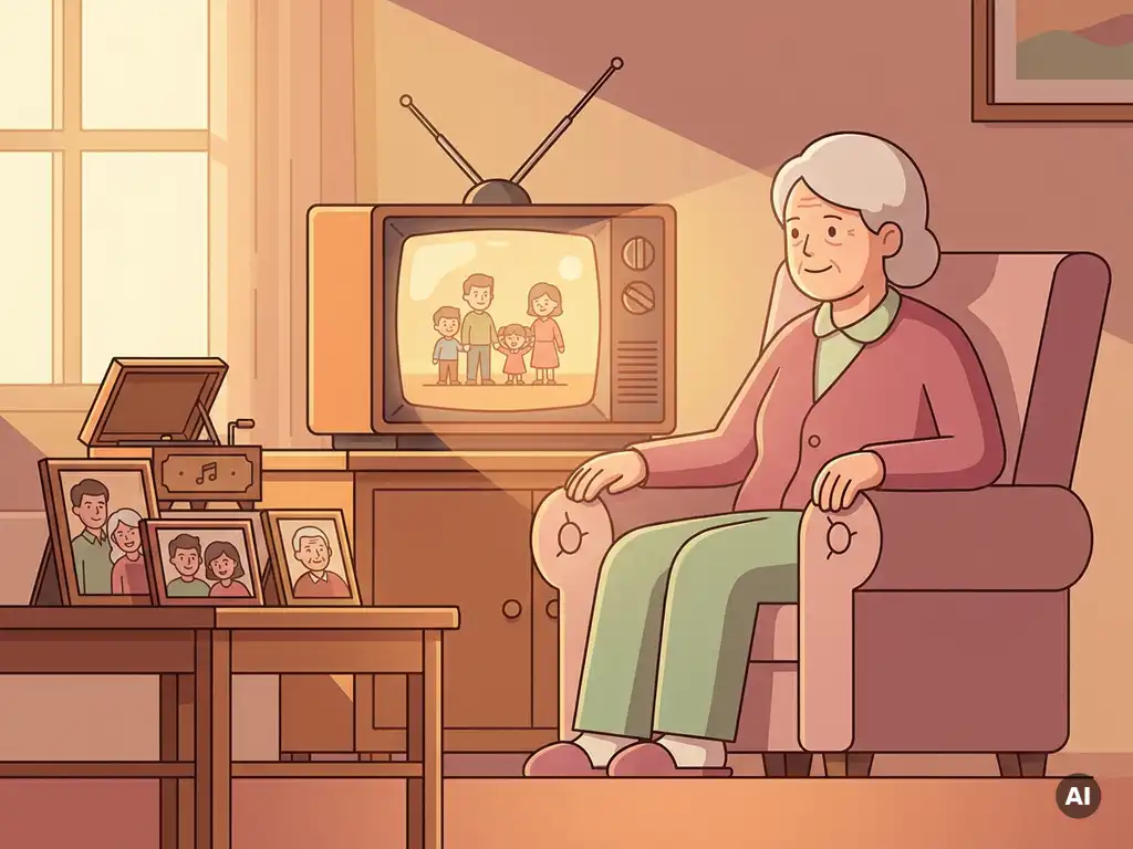 Oudere persoon in fauteuil kijkt naar gloeiend televisiescherm, met familiefoto's en muziekdoos op bijzettafel.