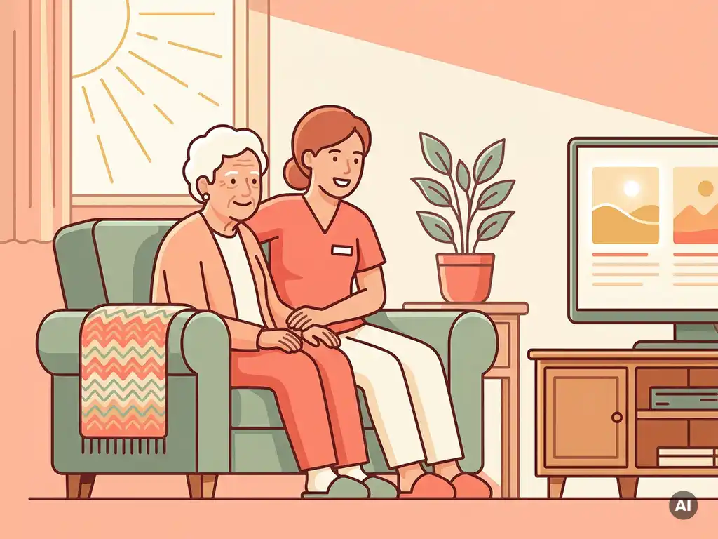 Verzorger en oudere persoon samen op een bank, kijkend naar televisie onder een gebreid deken in warm middaglicht.