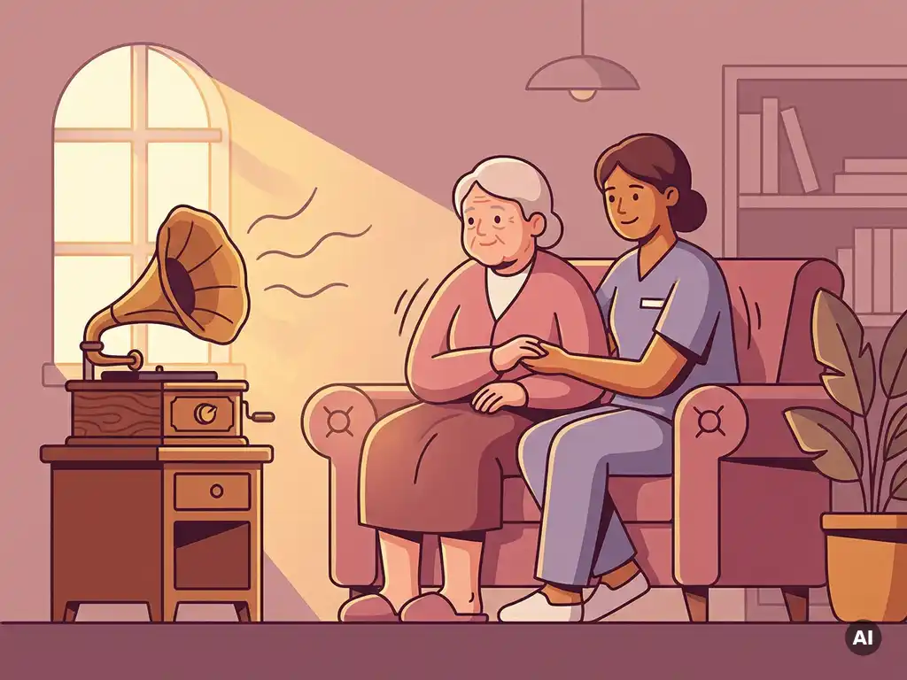 Oudere persoon en zorgverlener op fauteuil, samen genietend van muziek uit een vintage grammofoon in een warme woonzorgomgeving.