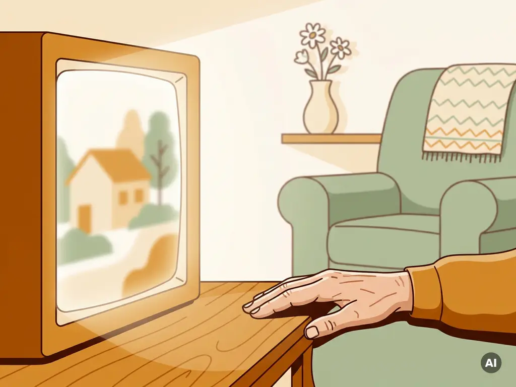 Bejaarde hand rustend naast een gloeiend televisiescherm in een gezellige kamer met bloemen en fauteuil.