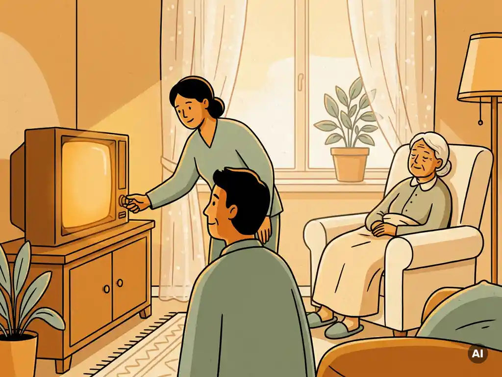 Verzorger past het volume aan op een televisie in een warme zorgkamer, terwijl een oudere persoon rustig in een fauteuil zit.